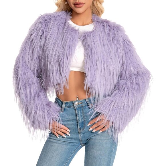 Women's Faux Fur Coat Purple Grey Slim Cropped Fuzzy Fluffy Fall Winter Jacket - Picture 1 of 5